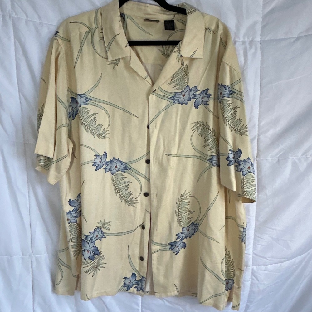 AXIST Mens‎ XL TG Yellow Floral Print Short Sleeve Silk Button Up Shirt
